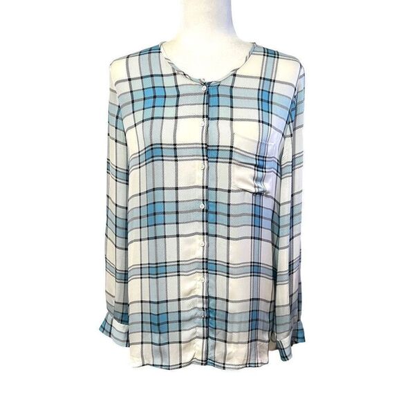 Joie Blue Multi Color Plaid Silk Shirt Medium Button Up Roll Tab Sleeves - Picture 2 of 15